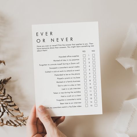 Office Party Ever or Never Game Printable | Work Party Game Idea, Never Have I Ever Questions, Minimalist Company Team Building Activity AM1 Never Have I Ever Questions, Work Party Games, Team Building Activity, Party Planning Guide, Office Party Games, Never Have I Ever, Team Building Activities, Game Printable, Work Party