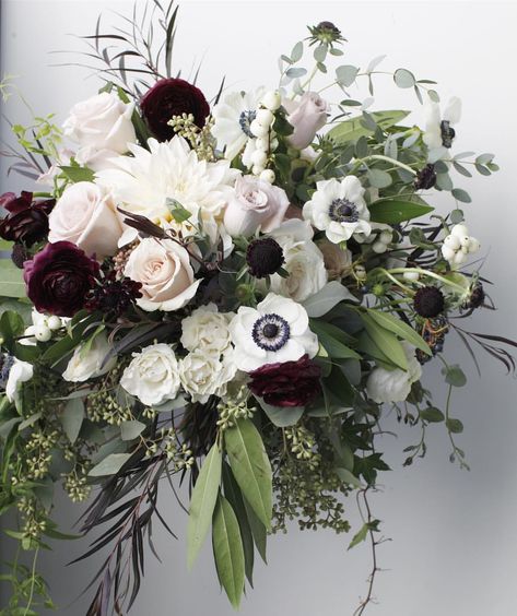 The most perfect anemones for Liz's bouquet! . . . . . . . . #twistedwillow #florist #flowers #weddingflowers #wedding #bride #bridesmaids #creative #floraldesign #theknot #centerpiece #bridalbouquet  #bouquet  #weddinginspiration #bridetobe #wedluxe #twistedwillowflowers #wcvendor #bespoke #wildflowers #anemone #boho #bohobride #greens #greenery #ranunculus #wildflower #wildflowerseason Anemone Bouquet Fall, Anemone Wedding Bouquet, Moody Bridal Bouquet, Anemone Centerpiece, Delphinium Bouquet, Ranunculus Centerpiece, Anemone Bouquet, Monochrome Weddings, Flower Boquet