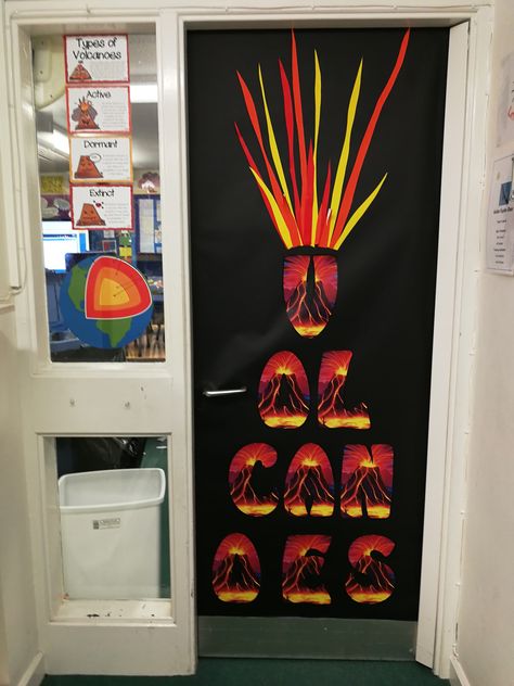 Volcanoes, door decoration, classroom door Decoration Classroom, Theme Days, Classroom Door, Teacher Appreciation Week, Door Decoration, Summer School, Volcano, Teacher Appreciation, Door Decorations