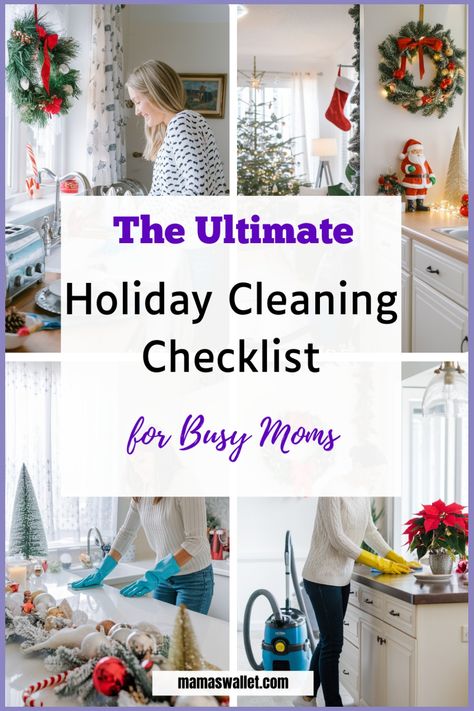 Woman cleaning a kitchen with holiday decorations around. Christmas Cleaning Checklist, Holiday Cleaning Checklist, Ultimate Cleaning Checklist, Christmas Decorations On A Budget, Bedroom Cleaning Hacks, Christmas Gifts On A Budget, Natural Cleaners Diy, Shower Cleaning Hacks, Cleaning Hacks Bedroom