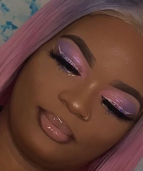 Lavender Makeup Looks, Prom 2k23, Makeup Looks Prom, Iridescent Makeup, Prom 23, Purple Makeup Looks, Holographic Makeup, 32nd Birthday, Glitter Makeup Looks