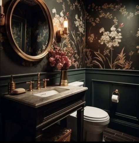 Dark And Moody Half Bath, Dark Toilet Room, Funky Powder Room, Modern Gothic Home, Stunning Bathroom Ideas, Small Dark Bathroom, Girly Bathroom Ideas, Dark Floral Wallpaper, Minimalist Bathroom Decor