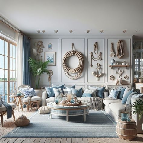 Hello Cozy Home friends! This serene and welcoming interior, featuring neutral tones and natural wood, is perfect for unwinding. With greenery and cozy textures, it’s truly inspiring. What do you think? Share your thoughts! Ocean Theme Living Room, Cozy Coastal Living Room, Nautical Decor Living Room, Cozy Home Ideas, Living Room Design Board, Lush Plants, Nautical Living Room, Living Room Setup, Innovative Furniture