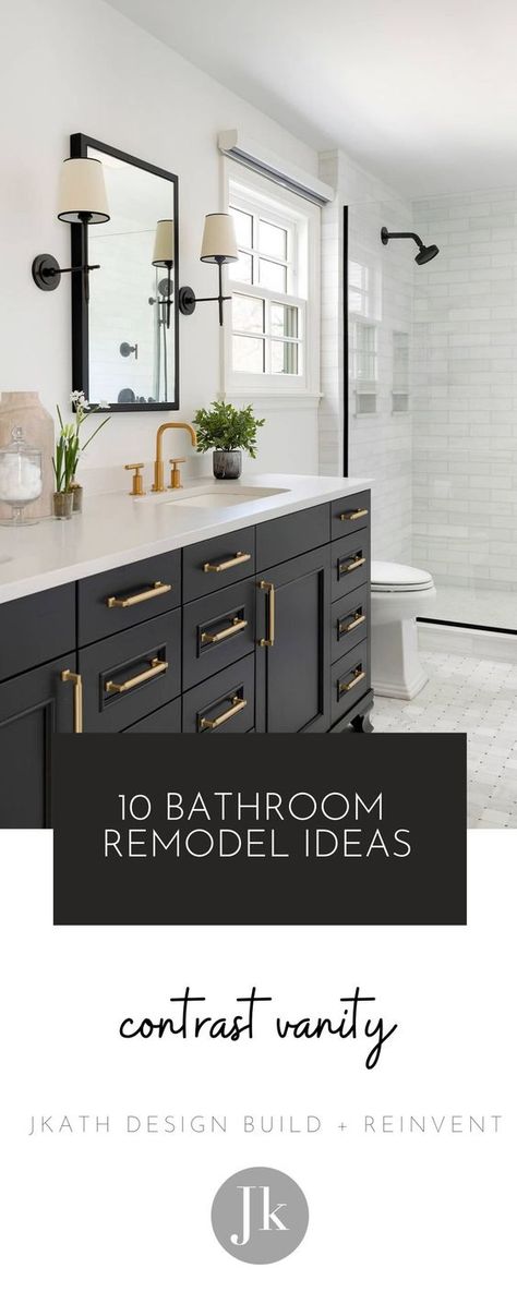 Black Finishes Bathroom, Black Bathroom Fixtures Inspiration, Black Bathroom Faucet Ideas, Secondary Bathroom Remodel, Classic Master Bath Remodel, Black Cabinets In Bathroom, Common Bathroom Ideas, Transitional Modern Bathroom, Bathroom Fixtures And Finishes Ideas