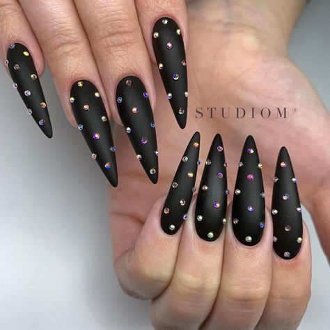 studio_M on Instagram:  ٩(˘◡˘ )⊰ Holiday Lashes...Dodolashes, have lashes that start at $5.00 use code STAR for a discount! NO LIMIT Have a Blessed Day!  ⊰⊹✿  nails Black Bejeweled Nails, Black Nails Diamonds, Black Nails With Diamonds Rhinestones, Black Rhinestone Nails, Swirl Nails, Black Stiletto Nails, Witchy Nails, Poly Gel, Matte Black Nails