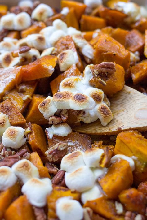 Roasted Kobucha Squash with Brown Butter, Marshmallows and Pecans Kobucha Squash, Sweet Potato Casserole Thanksgiving, Potato Casserole Thanksgiving, Squash Dessert, Casserole Thanksgiving, Winter Squash Recipes, Kabocha Squash, Winter Squash, Sweet Potato Casserole