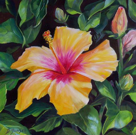 Donna Munsch Fine Art: Original Oil Painting Hibiscus Sunset Hibiscus Flower Drawing, Soft Pastel Art, Hawaii Art, Pastel Artwork, Oil Pastel Art, Dot Art Painting, Oil Painting Flowers, Surf Art, Hibiscus Flower