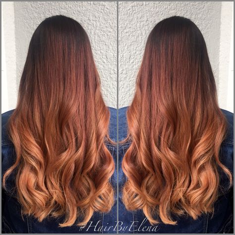 Ginger ombre #hairbyelena Brown Ginger Ombre Hair, Brunette To Ginger Ombre, Ginger Balayage On Black Hair, Brown To Ginger Ombre, Brown Ginger Ombre, Brown To Ginger Balayage, Ginger Ombre Hair, Copper Ombre Hair, Redhead Ombre