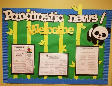 News board for the parents - Panda class Panda Bulletin Board Ideas, Panda Classroom Theme, Bear Bulletin Board Ideas, Nursery Class Decoration, Infant Bulletin Board, Panda Tree, Book Cover Page Design, Panda Decorations, African Art Projects