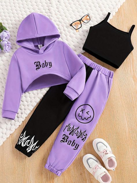 Black Casual Collar   Cartoon,Colorblock,Letter  Embellished Slight Stretch  Young Girls Clothing Adrette Outfits, Cute Dress Outfits, Trendy Outfits For Teens, Cute Preppy Outfits, Athleisure Outfits, Summer Clothing, Elastic Waist Pants, Kids Pants