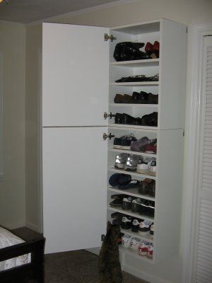 IKEA Hackers: emily's gorgeous shoe storage Shoe Shelf Ikea, Shoe Organizer Ikea, Ikea Shoe Rack, Garage Shoe Storage, Shoe Storage Cabinet With Doors, Ikea Shoe Storage, Shoe Storage Hacks, Hackers Ikea, Cabinet Solutions