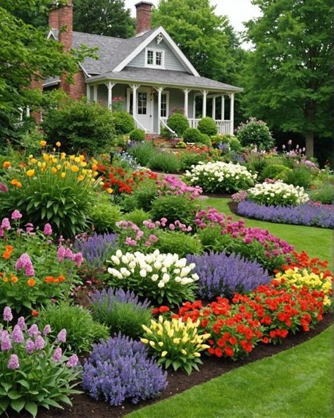 Hillside Flower Beds, Home Flower Garden Design, English Cottage Garden Front Yard, Best Flowers For Front Of House, Garden Flower Bed Ideas, Annual Flower Beds Design, Front Flower Garden, Flower Landscape Ideas, Cottage Front Yard