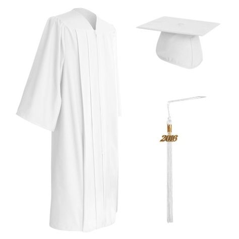 Matte White Graduation Cap, Gown & Tassel | The gown is made from the finest non see through matte fabric that combines classic style with comfort and comes with reinforced stitching and a hidden and secure zipper. Also included in this set is a traditional graduation cap and tassel with a commemorative year drop to mark the year of graduation. This cap, gown & tassel set will fill you with confidence that you look your best in front of your family and friends for graduation. White Graduation Gown And Cap, White Graduation Cap Designs, White Graduation Gown, White Cap And Gown, White Graduation Cap, Graduation Uniform, Graduation Regalia, Highschool Graduation, Gown Graduation