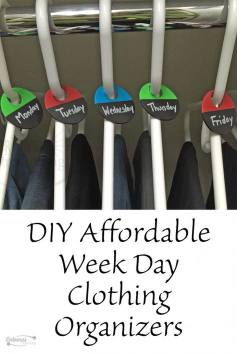 DIY Affordable Week Day Clothing Organizers - sabrinasorganizing.com Weekly Clothes Organizer For Adults, Weekly Clothes Organizer, School Clothes Organization, Diy Organizers, Closets Bedrooms, Kids Clothes Organization, Wardrobe Organization, Cleaning Kids Room, Family Organization