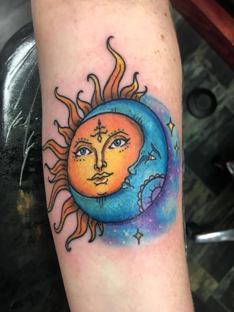 Sun and moon tattoo by Quinn Shockley Sun Moon Tattoo Colorful, Sun And Moon Tattoo Colorful, Moon And Sun Tattoo Color, Sun And Moon Tattoo With Color, Color Sun And Moon Tattoo, Colorful Sun And Moon Tattoo, Moon Tattoo Placement Ideas, Sun And Moon Tattoo Color, Moon Tattoo Color