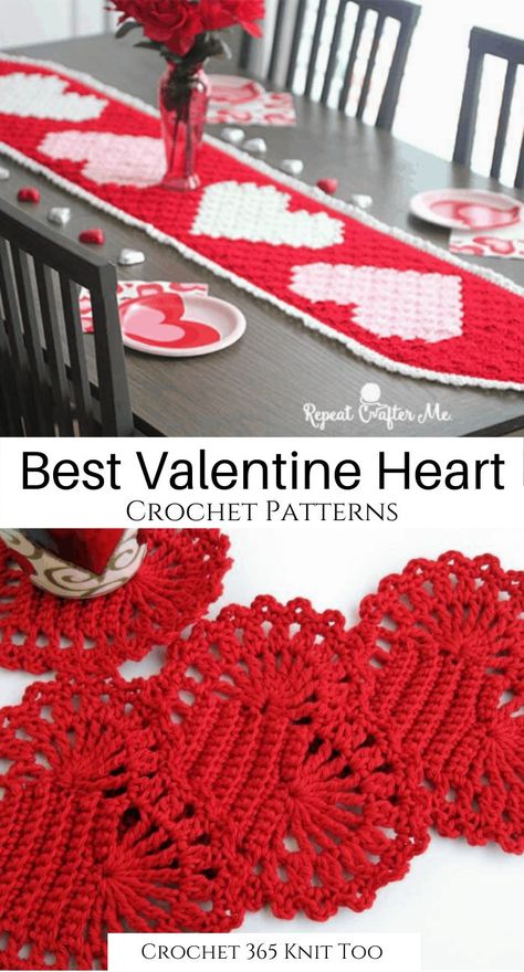 Crochet Valentine Patterns, Crochet Valentine, Valentines Blanket, Crochet Wall Art, Repeat Crafter Me, Crochet Table Runner Pattern, Crochet Heart Pattern, Valentines Patterns, Crochet Table