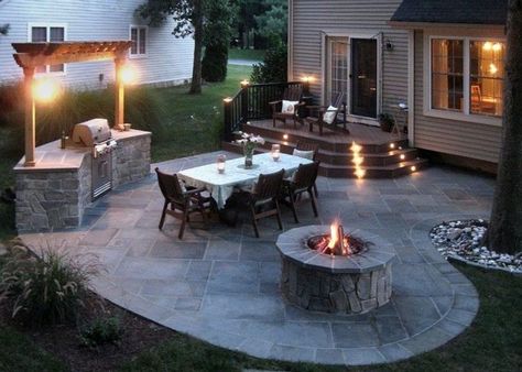 A CLASSIC OUTDOOR LIVING SOLUTION  Stone Patios Patio Plan, Stone Patios, Concrete Patios, Stone Patio, Backyard Seating, Cozy Backyard, Dry Creek, Built In Grill, Decks Backyard