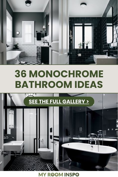 This pin showcases 4 inspiring images of innovative monochrome bathroom ideas, which illustrate stylish black and white designs that enhance bathroom spaces with a modern touch. Monochrome Bathroom Ideas, Black And White Small Bathroom, Black Granite Sink, Monochrome Bathroom, White Spaces, Bathroom Ambiance, Checkerboard Floor, White Shiplap, White Chic