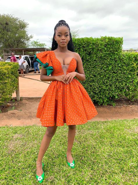 Orange Shweshwe Dresses, Orange Traditional Dresses, Traditional Bridesmaids Dresses, Traditional Bridesmaid Dresses, Pedi Dresses, Shweshwe Dresses Patterns, Lobola Outfits, Maxi Wedding Guest Dress, African Traditional Dress