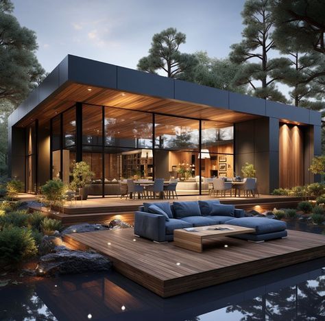 lake house Modern Contemporary Exterior Forest Houses Modern, Forest Modern House Exterior, Mountain Modern House Exterior, Bunkee House, Modern Contemporary Exterior Design, Modern Contemporary Homes Exterior, Forest House Exterior, Modern Mountain House Exterior, Modern House In The Forest