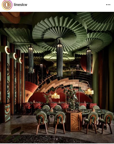 Green Ceiling Restaurant, Waterfall Restaurant Interior Design, Contemporary Italian Restaurant, Mexican Art Deco, Magical Restaurant, Boho Architecture, Cool Restaurant Design, Jazz Restaurant, Back Bar Design