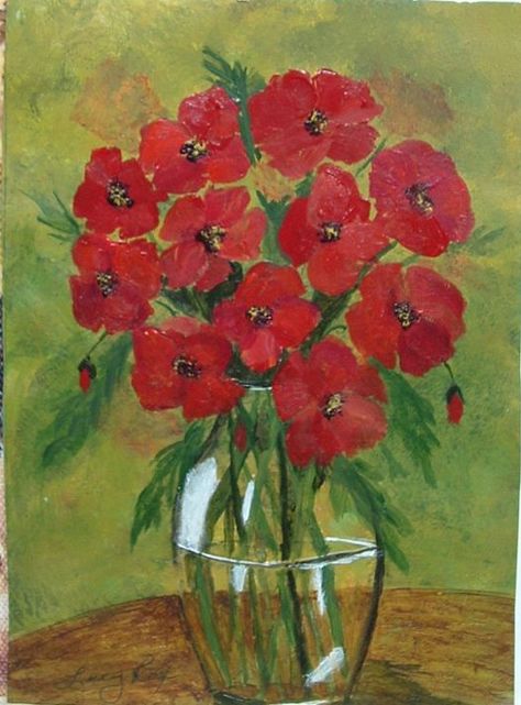 5 x 7 Acrylic on cardstock Flower Painting, Flower Art, Art Style, Folk Art, Poppies, Glass Vase, Card Stock, Canvas Painting, Vase