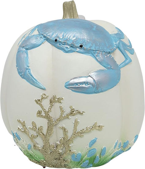 Needzo White Pumpkin Coastal Light Blue Painted Crab Tabletop Decor, Beachy Coastal Home Decorations for Shelf, Tables, Porch or Steps, Modern Beach House Thanksgiving Centerpiece, 7 Inches Coastal Thanksgiving Decor, Blue Thanksgiving Decor, Coastal Pumpkins, Creative Pumpkins, Thanksgiving Centerpieces, Modern Beach House, Blue Crab, Pumpkin Art, Modern Beach