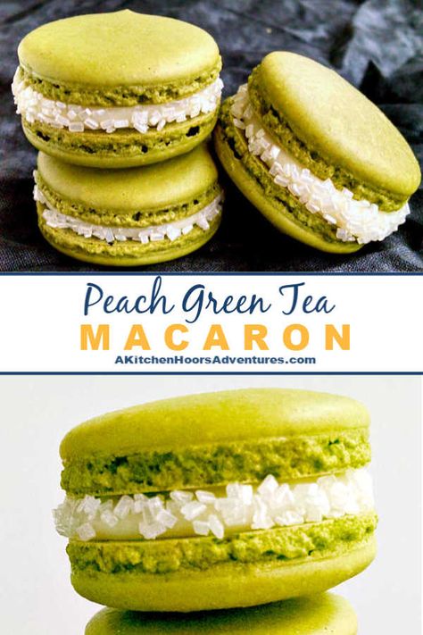 #OrganicCeremonialGradeMatcha powder is in the shells and peach flavored brandy is in the ganache. These Peach Green Tea Macaron with #OrganicCeremonialGradeMatcha are delicate and delicious. Macarons Ideas, Easy Macaroons, Green Tea Macarons, Easy Macaroons Recipe, Macaron Ideas, Baked Bars, Macaroons Recipe, Peach Green Tea, Macarons Macaroons