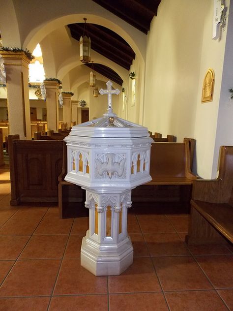 Baptismal Font at St. Joseph Baptismal Font, St Joseph Catholic, Church Furniture, Font Ideas, Gothic Cathedrals, The Rev, St Joseph, Stage Design, Home Design Plans