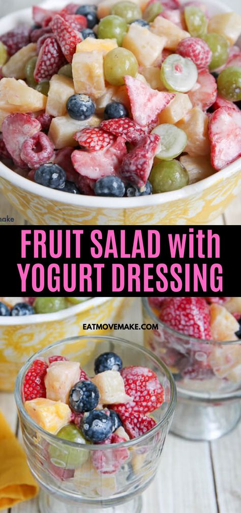 Fruit Salads Healthy, Fruit Salad With Yogurt Dressing, Low Cal Fruit Salad, Fruit Salad Yogurt Dressing, Fruit Salad Recipe With Yogurt, Fruit Salad With Yogurt Cool Whip, Fruit Salad Yogurt, High Protein Fruit Salad, Fruit Meal Prep Ideas