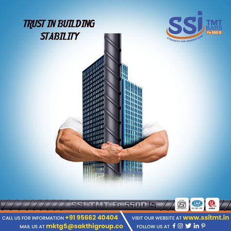 Playing a crucial role for earthquake resistance,SSI Tmt bars have high tensile strength and ability to absorb energy during seismic events and effortless efficiency to the structure you build For more info, call us at 95662 40404 visit us at www.ssitmt.in #tmtbars #steel #construction #strong #qualitytmt #strength #tmtbar #fetmt #constructionmaterials #civilengineer #engineers #civil #builders #strongtmt #structuralengineering #strongbars #ssitmt #ssitmtfe550d #fe550d #fe550dtmt #tmt Civil Engineering Construction Buildings Engineers, Steel Creative Ads, Tmt Logo, Car Showroom Design, Agriculture Logo, Creative Concept, Stainless Steel Pipe, Car Showroom, Showroom Design