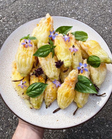 The ultimate sourdough discard tempura recipe. This tempura batter is light but crisp and coats the squash blossoms perfectly. Stuffed Squash Blossom, Squash Blossom Recipe, Use Sourdough Discard, Stuffed Squash Blossoms, High Heat Cooking Oil, Tempura Recipe, Fried Peppers, Stuffed Squash, Crepe Batter