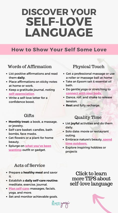 Self-love is an essential part of our well-being. It help us understand the ways in which we prefer to show love towards ourselves. If you’re wondering how to find your self-love language, there are several ways to do so... Love Language Self Love, How To Do Self Love, Love Laungages List, Love Language Self Care, How To Love Your Self Tips, Self Love Language, Types Of Love Language, Journal List, Marriage Retreats