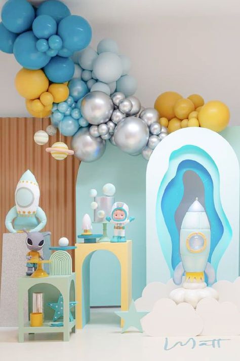 Take a look at this fun astronaut-themed birthday party! The dessert table is out of this world! See more party ideas and share yours at CatchMyParty.com Astronaut Birthday Party Ideas, Around The World Birthday Party, Space Birthday Party Ideas, Astronaut Birthday Party, Space Girls, Dessert Table Backdrop, Astronaut Birthday, Outer Space Party, Dessert Table Decor