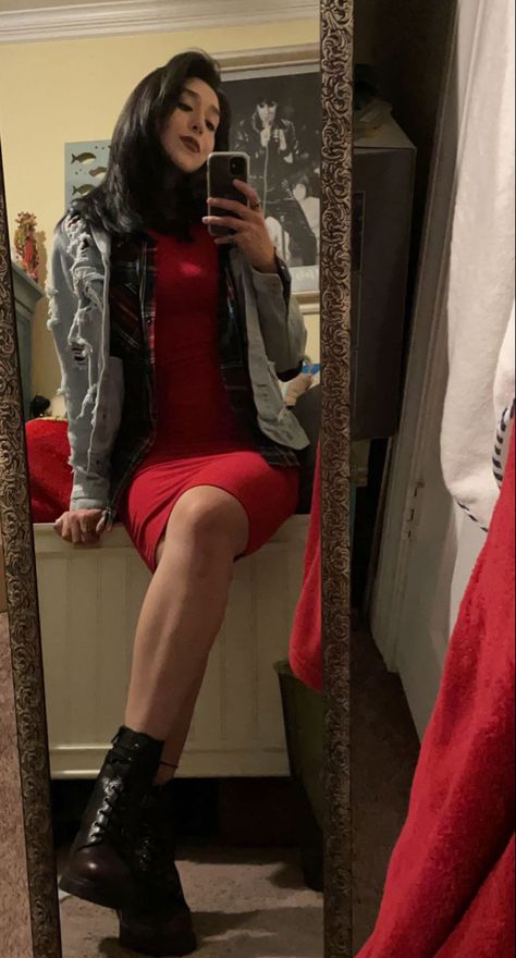 Red tank bodycon dress, red/green flannel longsleeve, ripped light wash jean jacket and combat boots Dress With Combat Boots Outfit, Green Flannel Outfit, Combat Outfit, Dress With Combat Boots, Combat Boot Outfit, Light Wash Jean Jacket, Boots Combat, Flannel Outfits, Green Flannel