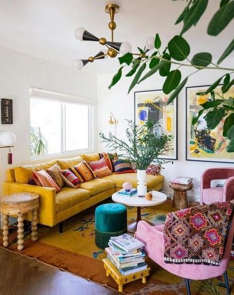 Maximalist Living Room, Lots Of Plants, Yellow Sofa, Yellow Living Room, Colourful Living Room, Eclectic Living Room, Boho Living Room, A Living Room, Instagram Design