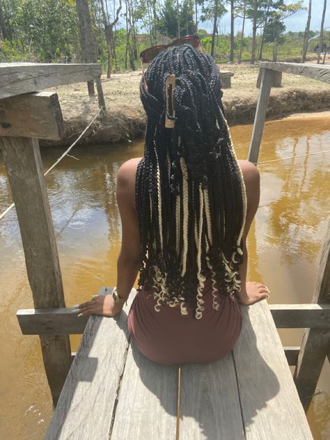 Peek A Boo Box Braids Black And Blonde, Braid Peek A Boo, Peak A Boo Braids Blonde, Black Braids With Blonde Underneath, Knotless Braids Peak A Boo, Black And Blonde Box Braids Peek A Boo, Blond Peak A Boo, Peak A Boo Boho Braids, Blonde Peek A Boo Braids