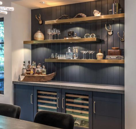 Bar With Floating Shelves, Garage Adu, Dry Bar Ideas, Mountain Inspiration, California Mountain, Montana House, Coin Bar, Martis Camp, Home Wet Bar