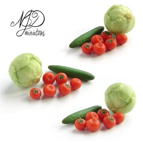 https://flic.kr/p/adwtz6 | 1:12 Salad Vegetables | Iceberg lettuce, cucumber and tomatoes in 1:12 scale.  Handmade from polymer clay. Polymer Clay Vegetables, Easy Doll House, Salad Vegetables, Miniture Food, Indoor Crafts, Barbie Food, Diy Doll Miniatures, Sculpey Clay, Iceberg Lettuce