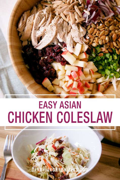 Easy Asian Chicken Coleslaw Asain Coleslaw, Coleslaw Chicken, Asian Coleslaw Recipe, Salad Challenge, Chicken Coleslaw, Easy Asian Chicken, Chicken Asian, Apple Coleslaw, Asian Coleslaw