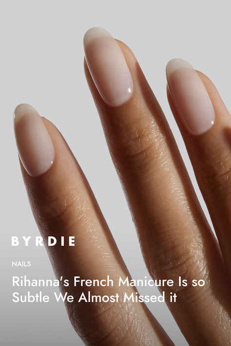 Recreating Rihanna’s secret French manicure is pretty simple: first, ensure that your nails are buffed and filed to perfection, as the key to a high-shine finish like RiRi’s is a ridge-free base. Next, apply a ridge-filling base coat, and then follow that with a coat or two of semi-sheer white nail polish from Gelcare Gel Polish ($20) in Cloud. Elegant French Manicure, Natural French Manicure, Manicure Designs, French Manicure Designs, White Nail Polish, Neutral Nails, Bridal Nails, Chic Nails, French Tip Nails