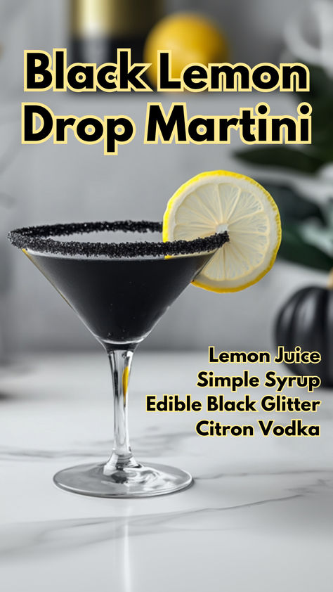 Black Lemon Drop Martini Black Lemon Drop Martini, Lemon Drop Shots Recipe, Black Martini Recipe, Gothic Cocktails, Blueberry Lemon Drop Martini, Lemon Drop Martini Recipe, Rip 20s, Lemon Margarita, Lemon Drop Shots