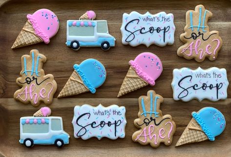 Scoop Gender Reveal, Ice Cream Party Theme, Gender Reveal Baby Shower Themes, Vanilla Sugar Cookies, Cookies Decorated With Royal Icing, Gender Reveal Cookies, Baby Gender Reveal Party Decorations, Pregnancy Gender Reveal, Vanilla Sugar Cookie