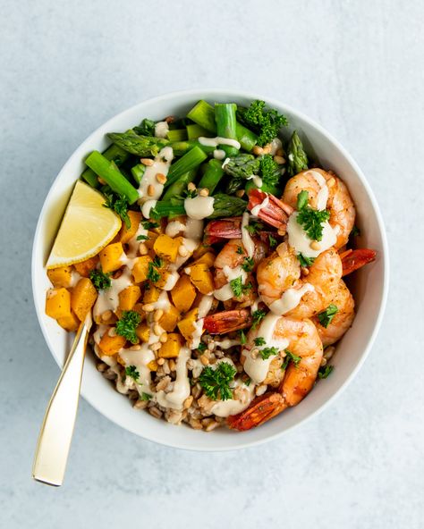 Shrimp Buddha Bowl, Shrimp Meal Prep, Shrimp Bowl, Lunch Prep, Lemon Garlic Shrimp, Healthy Protein Meals, Lemon Tahini Dressing, High Protein Meal Prep, Snack Prep