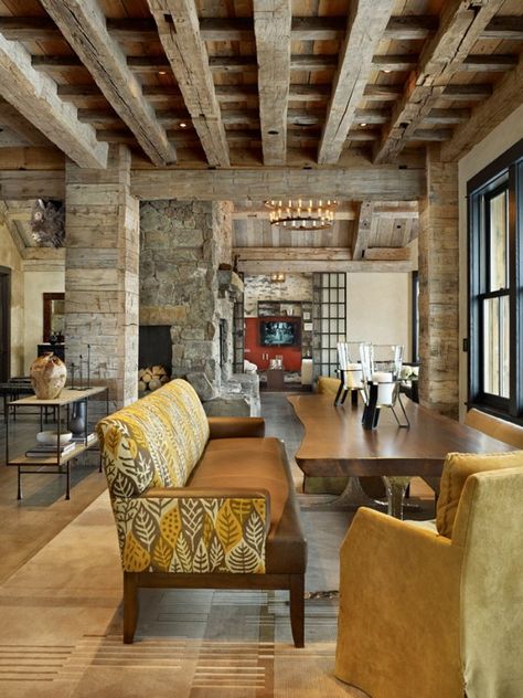 Montana ranch home exuding rustic-modern style https://www.etsy.com/listing/152818100/curious-bully-farm-calf-photo-print-from Montana Ranch, Dining Room Contemporary, Dining Design, Rustic Dining Room, Contemporary Dining Room, Rustic Living, Wood Beams, Boho Home, Rustic Interiors