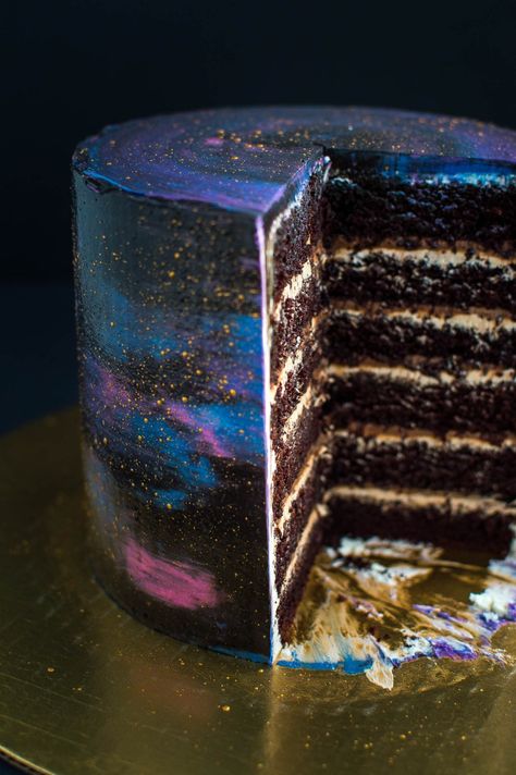 Galaxy Cake | chocolate cake with mocha ganache and swiss meringue buttercream Mocha Ganache, Galaxy Party, Galaxy Cake, How To Make Buttermilk, White Buttercream, Dark And Mysterious, Buttercream Filling, Meringue Buttercream, Swiss Meringue