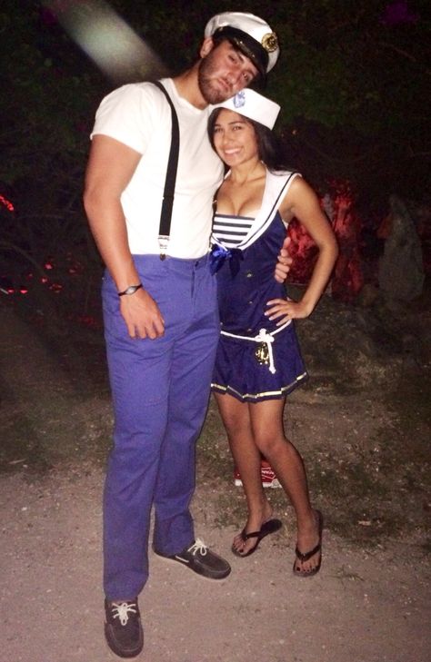 Couples Halloween sailor and captain costume Sailor Girl Halloween Costume, Boat Captain Halloween Costume, Sailor And Captain Costume, Captain And Sailor Couple Costume, Sailor Couple Costume, Sailor Costume Diy, Convocation Ideas, Boat Costume, Sailor Halloween Costumes