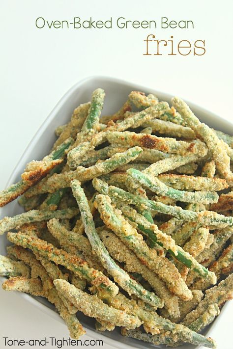 Oven-Baked Green Bean Fries on Tone-and-Tighten.com Green Bean Fries, Baked Green Beans, String Beans, Fried Green Beans, Green Bean Recipes, Green Bean, Veggie Dishes, Bean Recipes, Vegetable Side Dishes