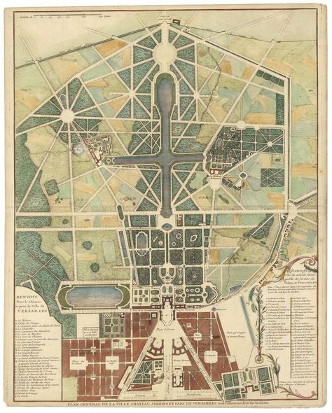 Jean Mariette, Versailles and Gardens, 1738. Original engraving, hand-colored at a later date. Printed in Paris Gardens Of Versailles, Versailles Garden, Palace Of Versailles, Chateau France, French Garden, Master Plan, Urban Planning, History Design, Urban Design