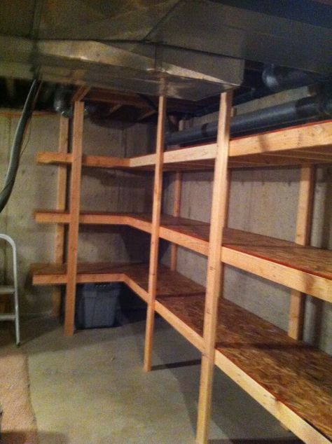 Good looking shelves, but I think if they would just get rid of some stuff, they wouldn't need as much storage... Basement Shelves, Easy Basement Ceiling, Basement Storage Shelves, Basement Storage Ideas, Basement Shelving, Basement Ceiling Options, Diy Shelving, Basement Organization, Lumber Storage